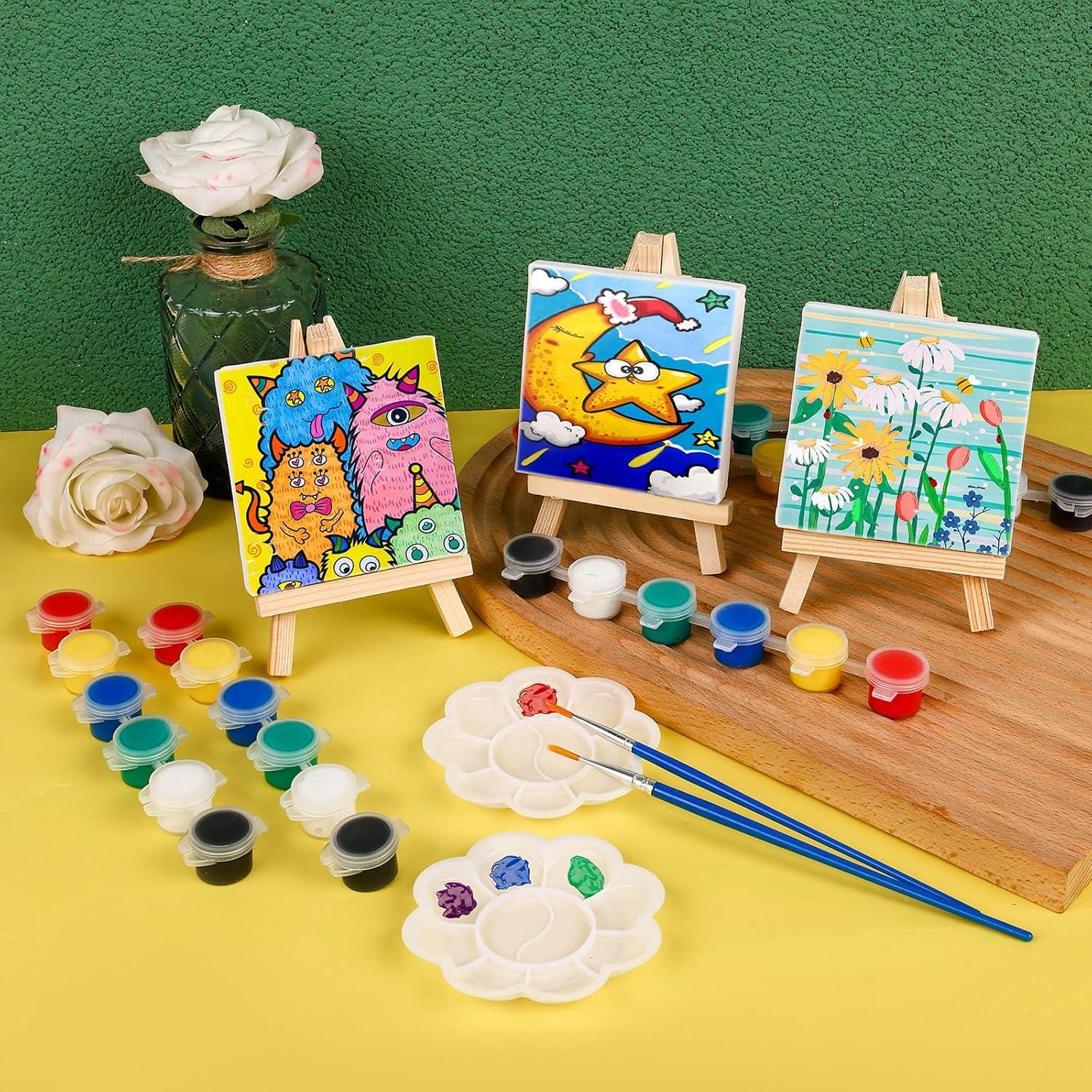 imageESRICH 18 Set Mini Acrylic Paint Kit Minis Stretched Canvas with Easel Acrylic Paint Strips Palettes Painting Brushes Mini Canvas and Easel Set for Kids Artists Beginner Gifts6