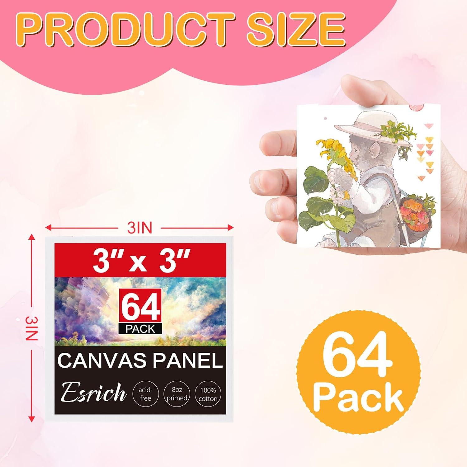 imageESRICH 3x3IN Small Canvases for Painting 32 Pack Mini Canvas Boards Cotton Painting Canvas Primed Acid Free Mini Blank Canvas Panels for Oil PaintWatercolorAcrylic PaintGouacheampTempera3x3in 64pack