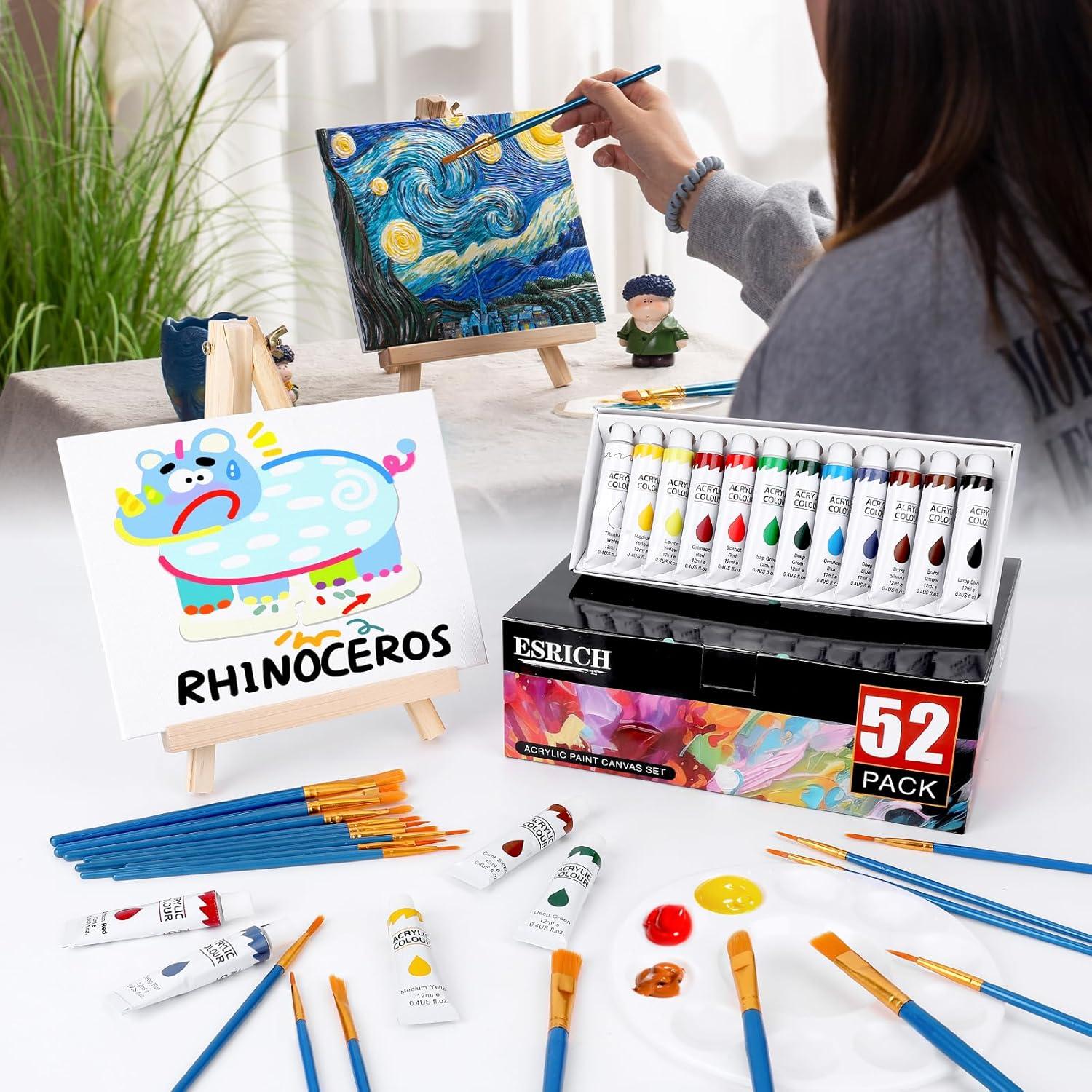 imageESRICH 52PCS Acrylic Paint Canvas Set Acrylic Painting Kit with 2 Set of 12 Colors Acrylics PaintPaint BrushesCanvas Wooden Easels Art Plates Art Painting Supplies for Kids Adults Beginners24