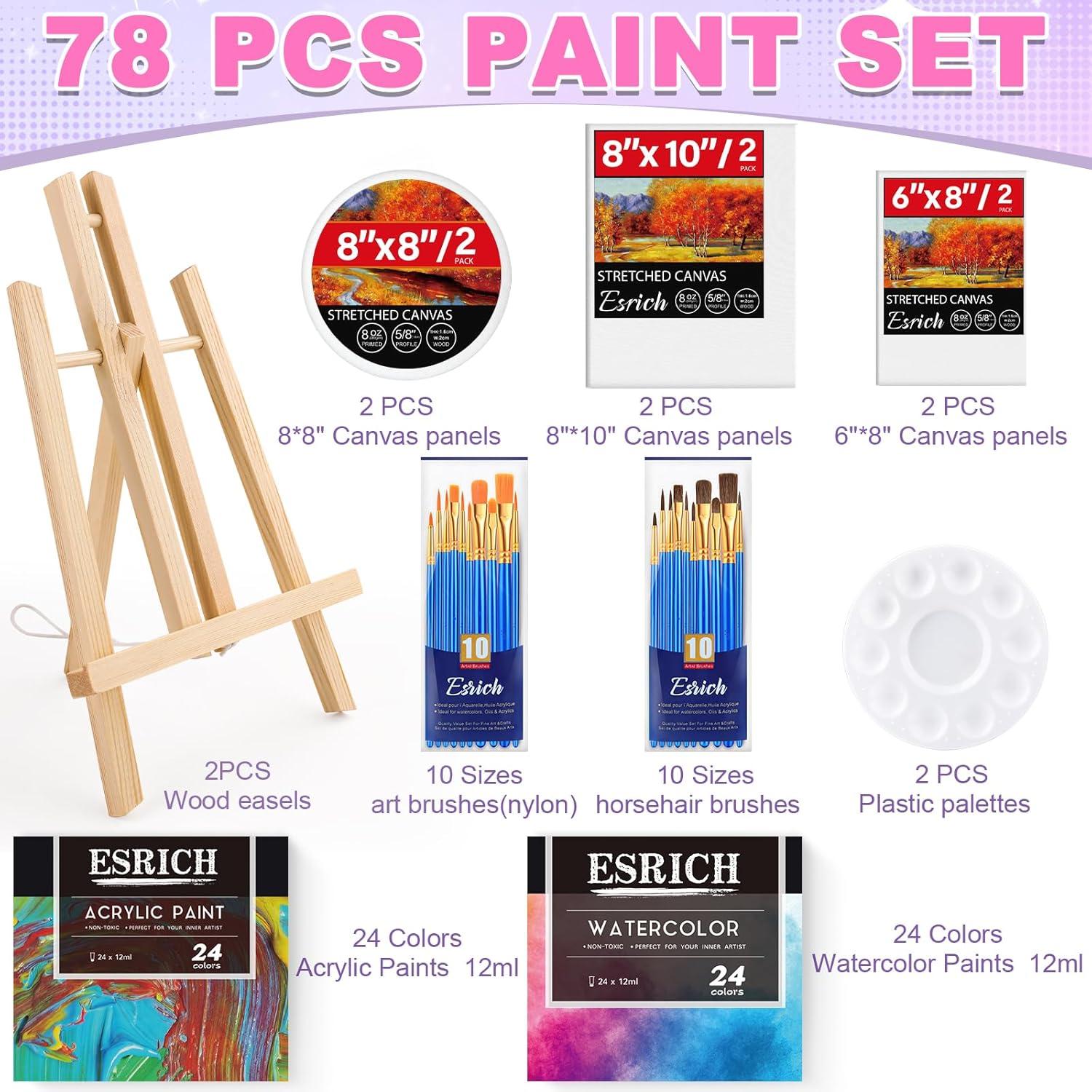 imageESRICH 78PCS Acrylic Paint Set with Wood Easel Paint Brushes Canvases Art Painting Supplies Kit for Kids Students Artists and Beginners