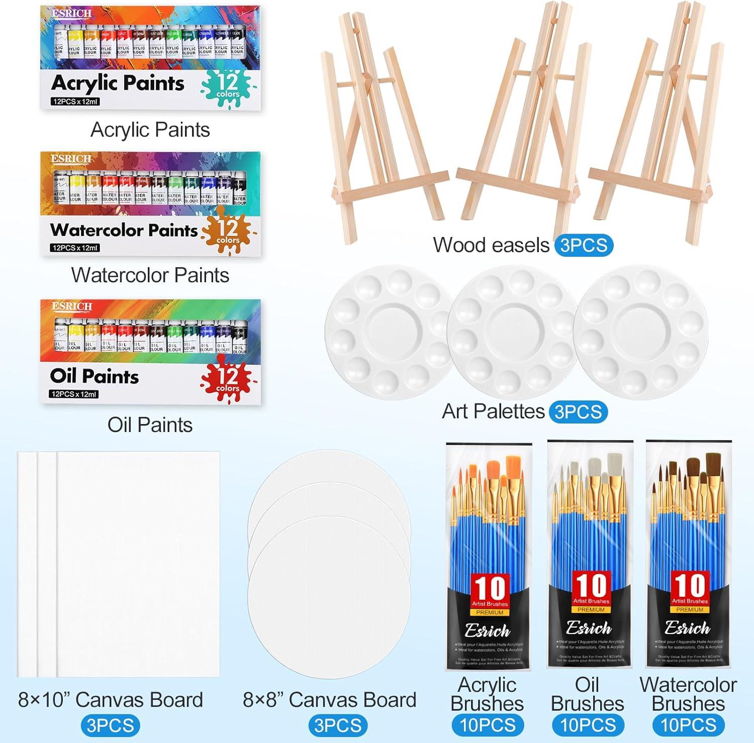 imageESRICH 78Pack Acrylic Paint Set Painting Kits for Adults Paints Kit With3 Pack of 12 Colors Paint 3 Sets of Wooden Easels Canvas Brushes Palette Art Paint Supplies Kit for Adults Beginner36Color