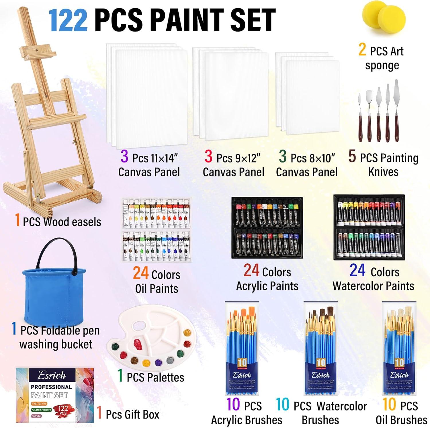 imageESRICH 78Pack Acrylic Paint Set Painting Kits for Adults Paints Kit With3 Pack of 12 Colors Paint 3 Sets of Wooden Easels Canvas Brushes Palette Art Paint Supplies Kit for Adults Beginner72Color