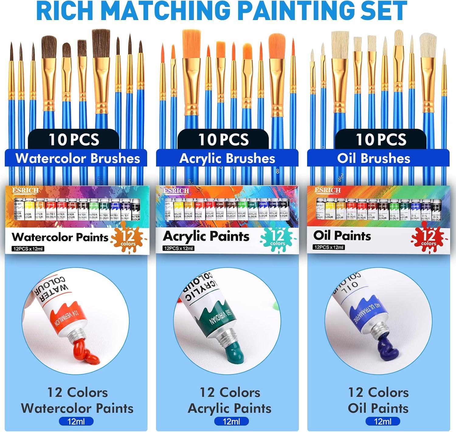 imageESRICH 78Pack Acrylic Paint Set Painting Kits for Adults Paints Kit With3 Pack of 12 Colors Paint 3 Sets of Wooden Easels Canvas Brushes Palette Art Paint Supplies Kit for Adults Beginner36Color