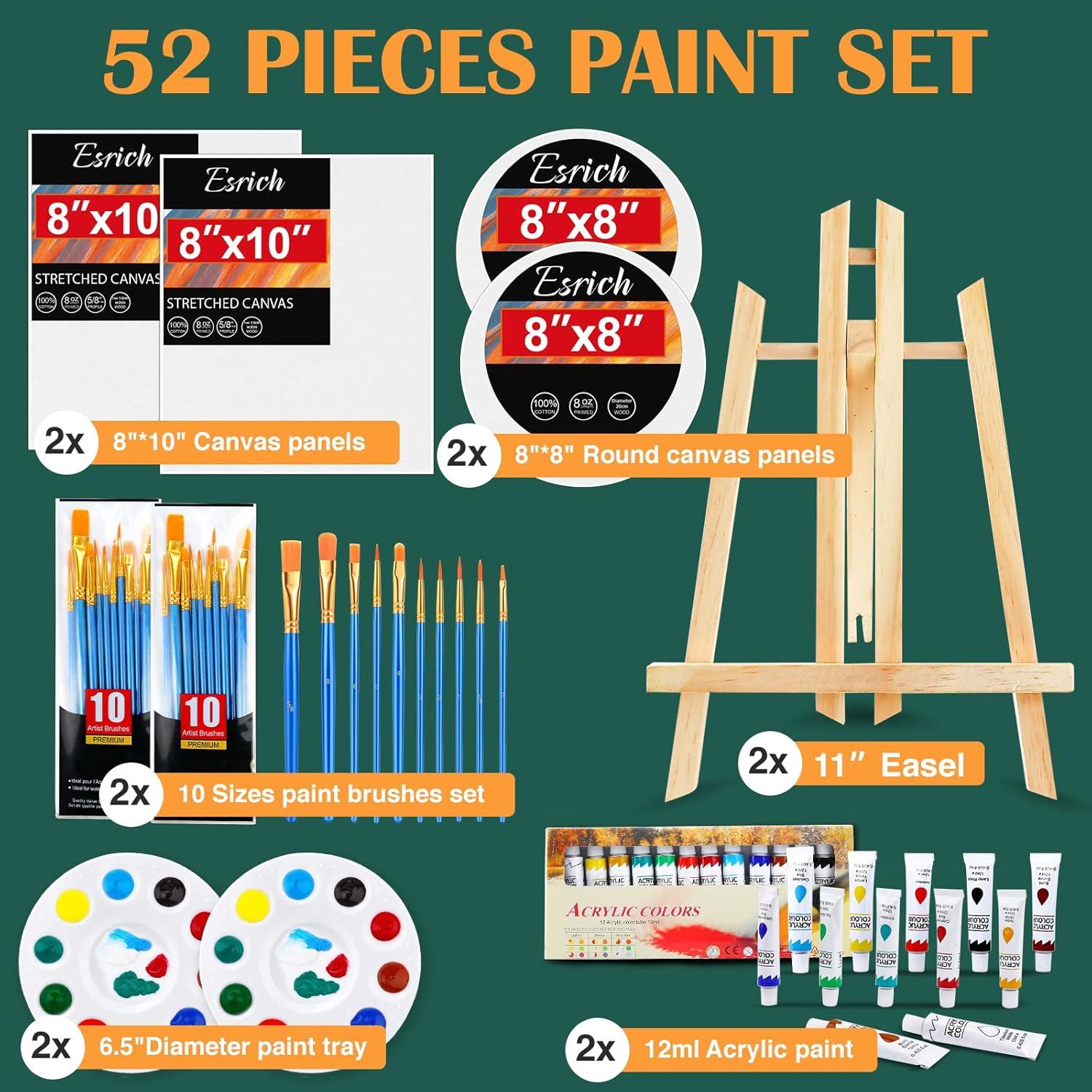 imageESRICH Acrylic Paint Canvas Set52 Piece Professional Painting Supplies Kit with 2 Wood Easel2 12Colors2 10 BrushesCircular Canvas EtcPremium Paint Kit for KidsStudents Artists and Beginner24Color