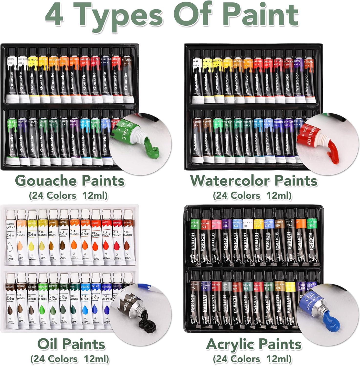 imageESRICH Acrylic Paint Canvas Set52 Piece Professional Painting Supplies Kit with 2 Wood Easel2 12Colors2 10 BrushesCircular Canvas EtcPremium Paint Kit for KidsStudents Artists and Beginner96Color