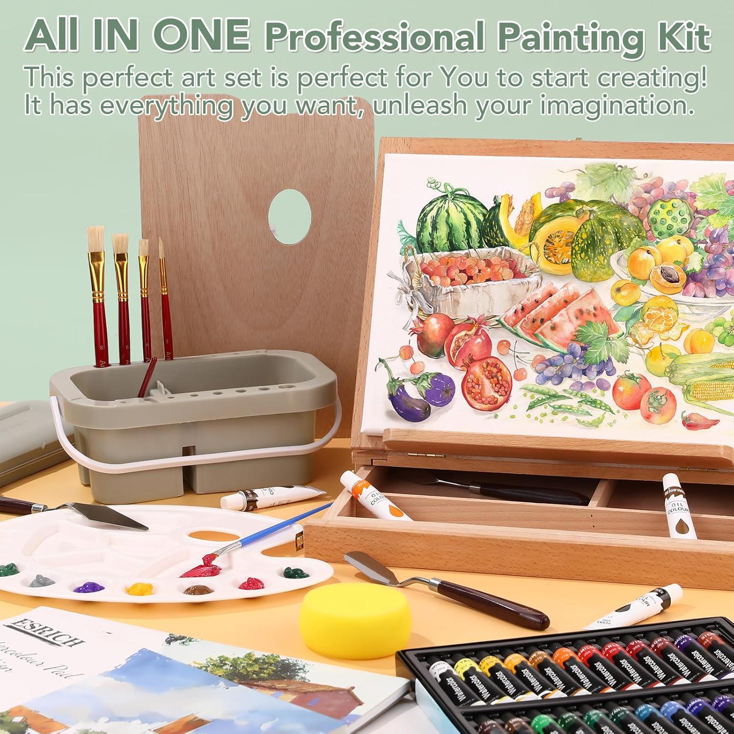 imageESRICH Acrylic Paint Canvas Set52 Piece Professional Painting Supplies Kit with 2 Wood Easel2 12Colors2 10 BrushesCircular Canvas EtcPremium Paint Kit for KidsStudents Artists and Beginner96Color