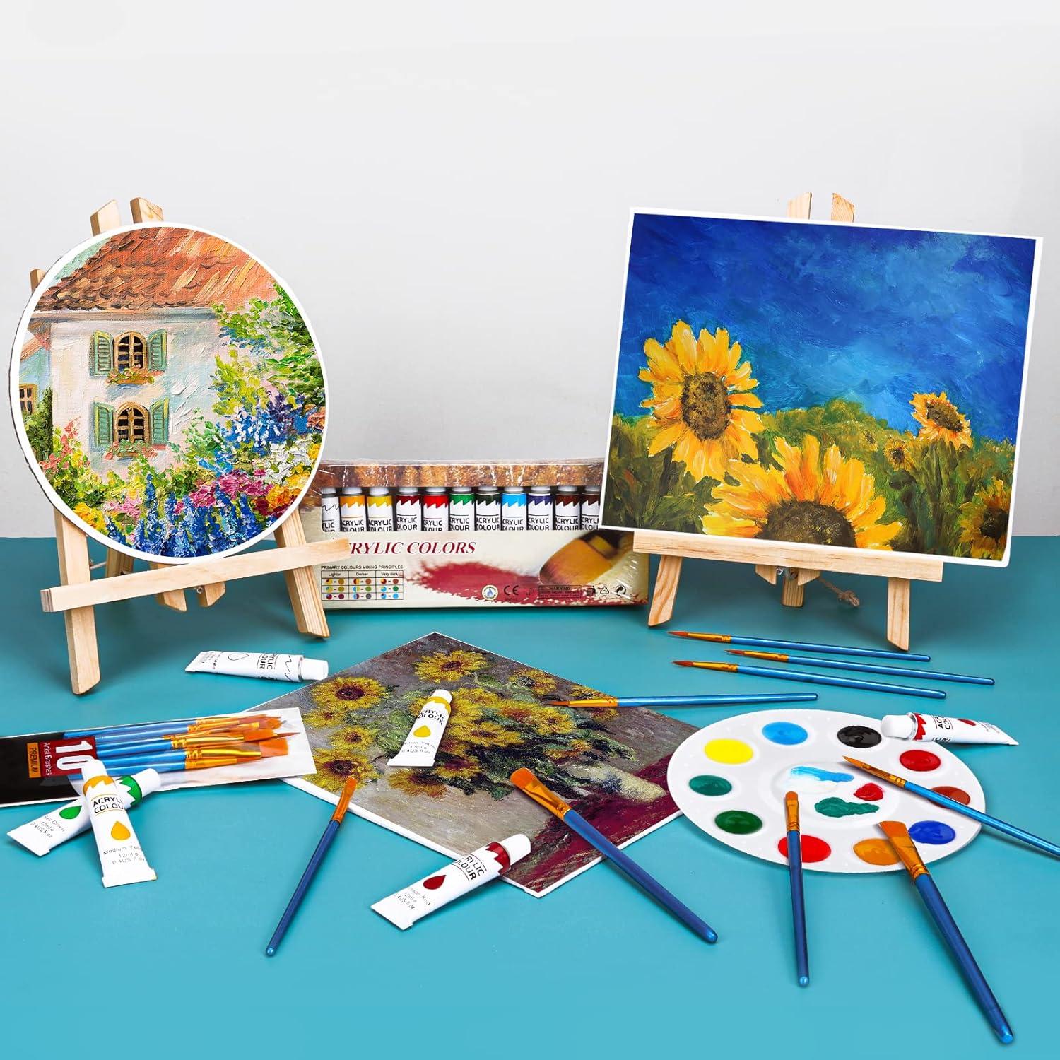 imageESRICH Acrylic Paint Canvas Set52 Piece Professional Painting Supplies Kit with 2 Wood Easel2 12Colors2 10 BrushesCircular Canvas EtcPremium Paint Kit for KidsStudents Artists and Beginner24Color