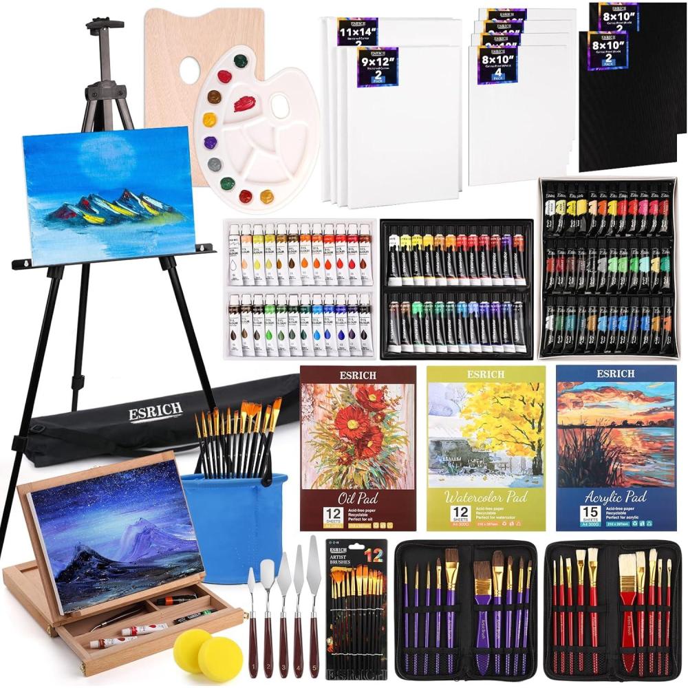 imageESRICH 141PCS Deluxe Artist Painting Set Painting Supplies with 84 PaintOil WatercolorAcrylic Paint Metal and Wooden Easels Canvas Paper Pads Paintbrushes etc for Adults Kids Artists141