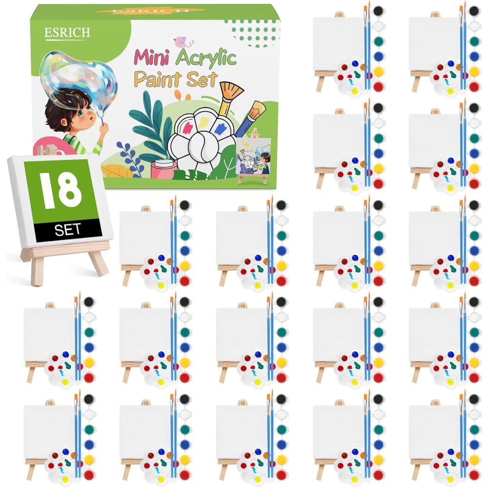 imageESRICH 18 Set Mini Acrylic Paint Kit Minis Stretched Canvas with Easel Acrylic Paint Strips Palettes Painting Brushes Mini Canvas and Easel Set for Kids Artists Beginner Gifts18