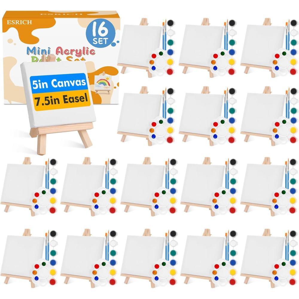 imageESRICH 20 Set Mini Canvas Painting Kit Minis Acrylic Paint Set Valentines Day Gifts44in Stretched Canvas with Easel Acrylic PaintsBrushesPaletteMini Easel Canvas for Kids Adults Painting Party16 set 55