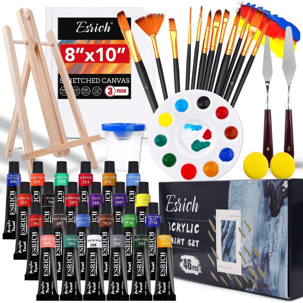 imageESRICH 26 PCS Acrylic Paint Set with 12 Colors Acrylic Paints 12ml 04 oz 10 Paint Brushes 2 Canvas 1 Wood Easel 1 Plate Painting Supplies Kits for Kids Adults Artists and Beginners24color