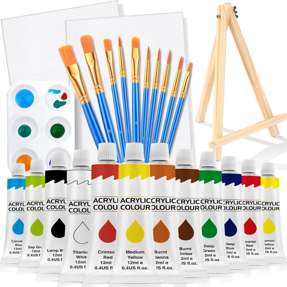 imageESRICH 26 PCS Acrylic Paint Set with 12 Colors Acrylic Paints 12ml 04 oz 10 Paint Brushes 2 Canvas 1 Wood Easel 1 Plate Painting Supplies Kits for Kids Adults Artists and Beginners12 Color