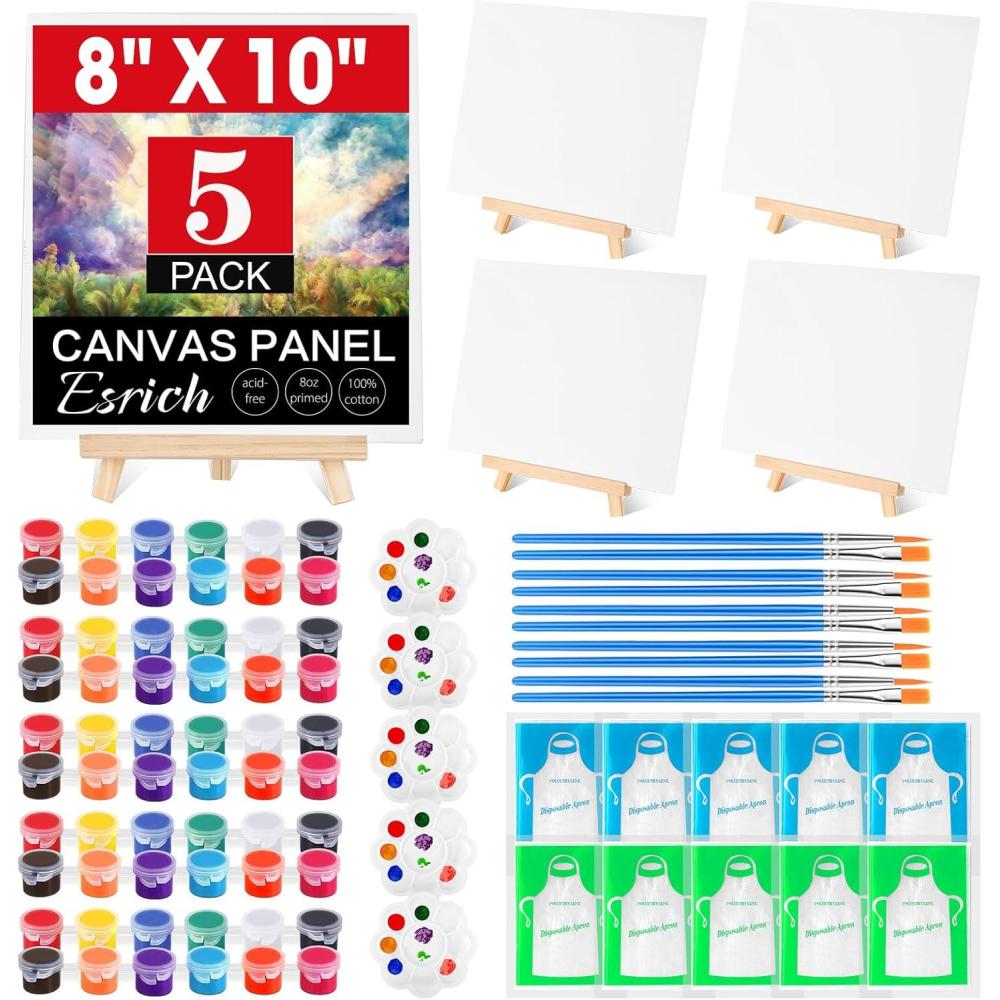 imageESRICH 5 Pack 8x10 Canvas Painting Kits for Adults with Easel Mini Acrylic Paint Paint Brushes Palettes Aprons Sip and Paint Kits for Adults Couples Friends Date Night Painting Party Supplies