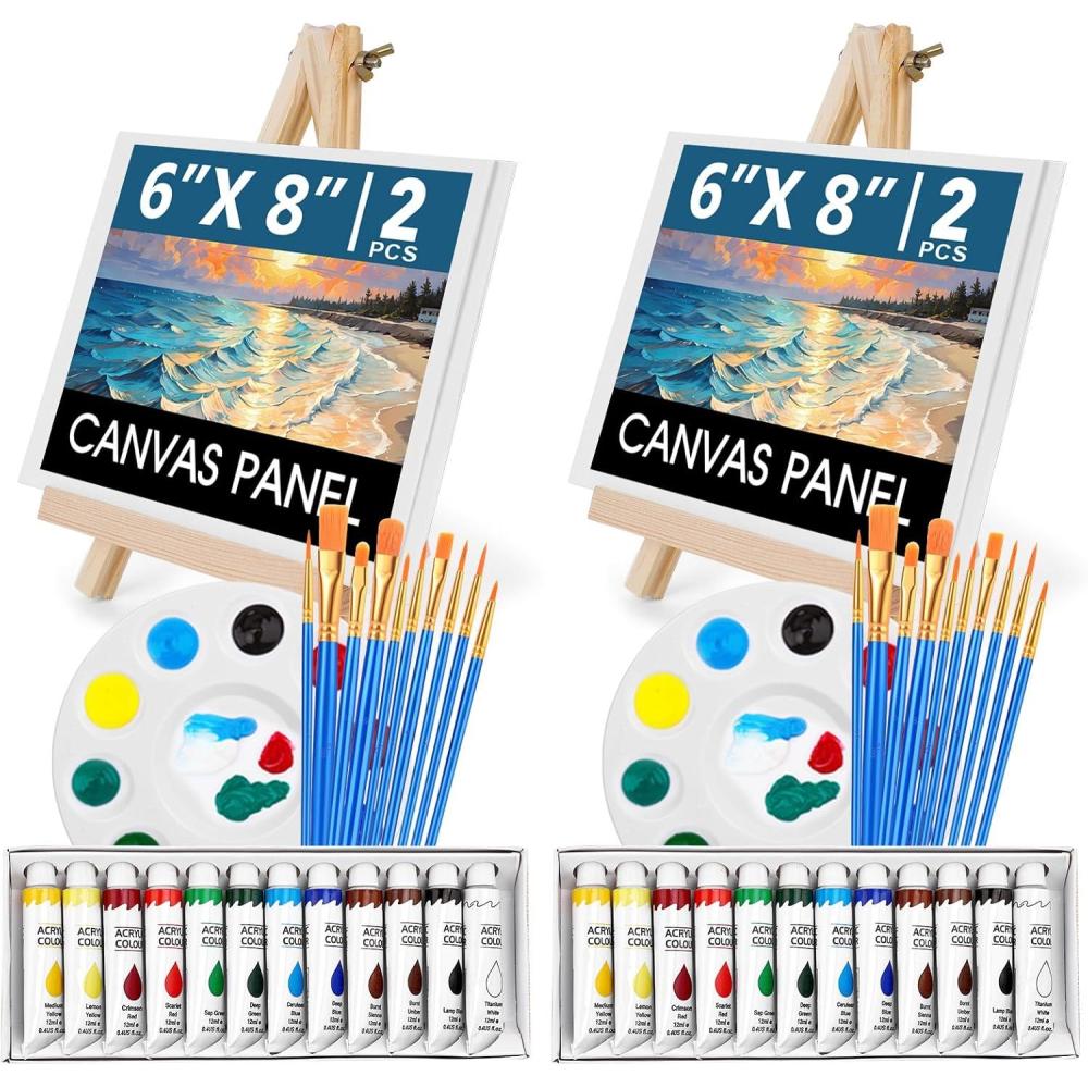 imageESRICH 52PCS Acrylic Paint Canvas Set Acrylic Painting Kit with 2 Set of 12 Colors Acrylics PaintPaint BrushesCanvas Wooden Easels Art Plates Art Painting Supplies for Kids Adults Beginners24