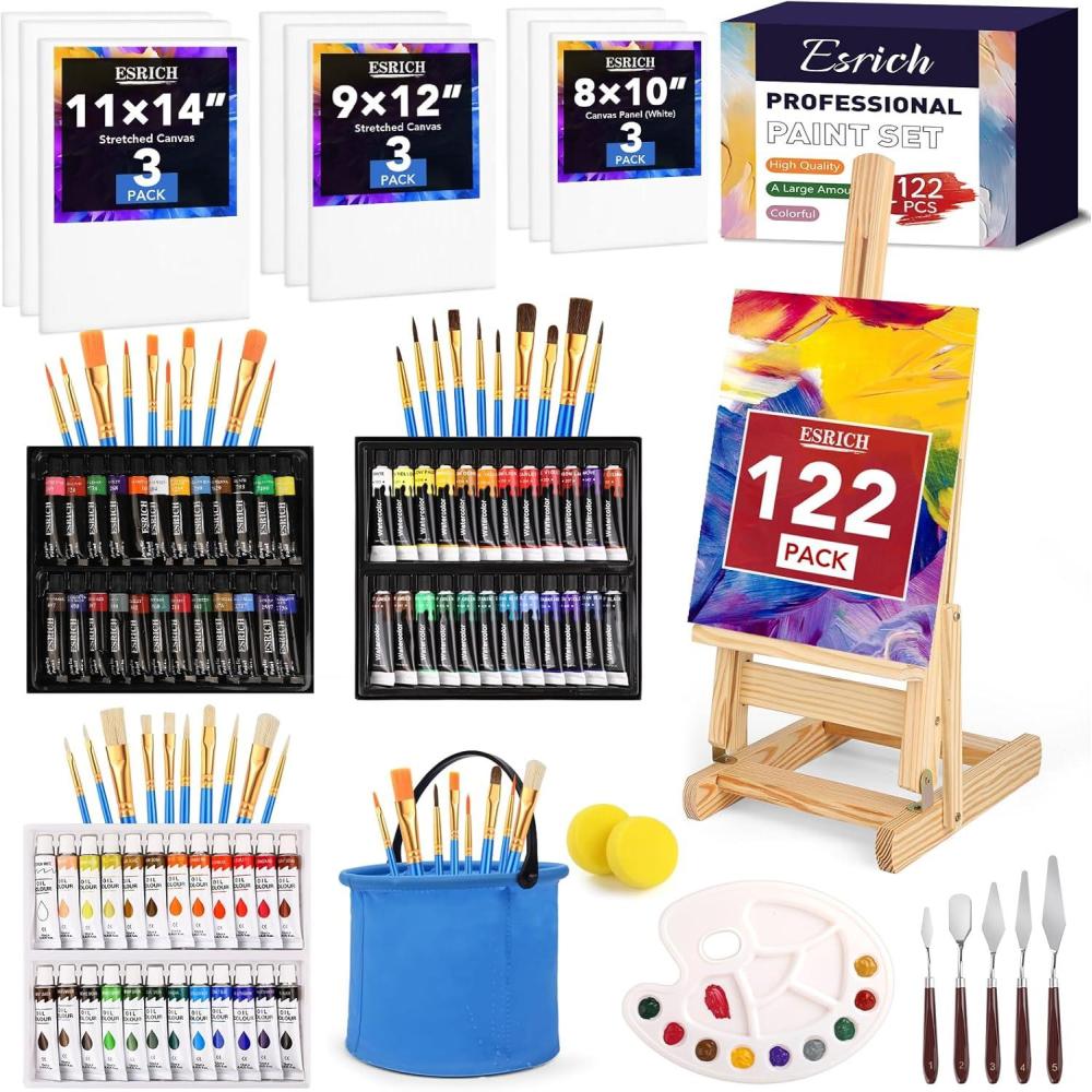 imageESRICH 78Pack Acrylic Paint Set Painting Kits for Adults Paints Kit With3 Pack of 12 Colors Paint 3 Sets of Wooden Easels Canvas Brushes Palette Art Paint Supplies Kit for Adults Beginner72Color