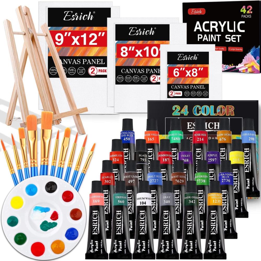 imageESRICH Acrylic Paint Canvas Set 42 Piece Professional Premium Paint Kit with 1 Wood Easel 24Colors 10 Brushes 6 Canvases Painting Supplies Kit Artists and Beginner