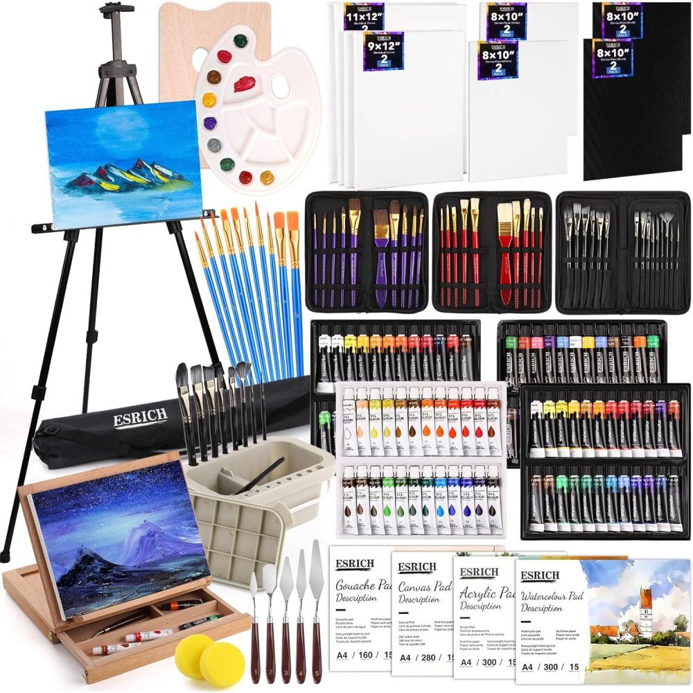 imageESRICH Acrylic Paint Canvas Set52 Piece Professional Painting Supplies Kit with 2 Wood Easel2 12Colors2 10 BrushesCircular Canvas EtcPremium Paint Kit for KidsStudents Artists and Beginner96Color
