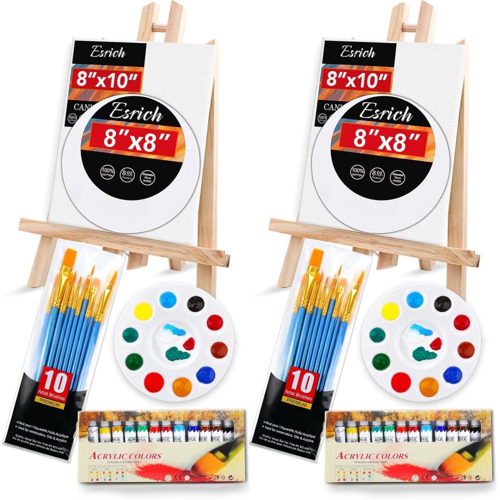imageESRICH Acrylic Paint Canvas Set52 Piece Professional Painting Supplies Kit with 2 Wood Easel2 12Colors2 10 BrushesCircular Canvas EtcPremium Paint Kit for KidsStudents Artists and Beginner24Color