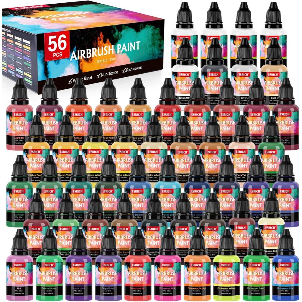 imageESRICH Airbrush Paint 52 Colors 1 oz with 4 ThinnerAir Brush Painting Set Acrylic Ready to Spray Air Brushes PaintWaterBased Airbrush Paint Set for MetalPlasticCanvasWoodAir brush Paint Kit52 color