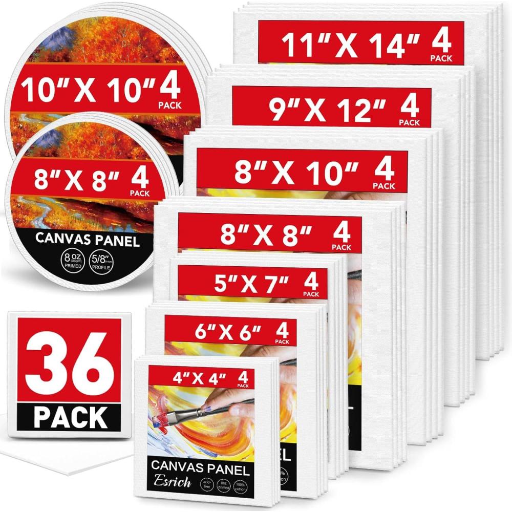 imageESRICH Canvases for Painting 36 Pack Canvas Boards 4x4 6x6 8x8 5x7 8x10 9x12 11x14 Round Canvas Panels with 8x810x10Cotton Primed Blank Large Canvases for Acrylic Oil Gouache amp Tempera36 Packs Canvas Panel 9 Sizes4 of Each