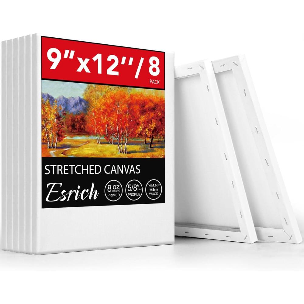 imageESRICH Stretched Canvas for Painting 8 Pack 9x12 Inch Canvas Value PackPrimed AcidFree Cotton Blank Canvases Painting Canvas for Oil amp Acrylic Paint9X12IN 8 Packs