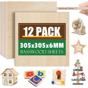 12 Pack Basswood Sheets 1/8x12x12 Inch for Crafts,Unfinished Wood for Laser Cutting & Engraving,Wood Burining,Plywood for Architectural Models.(Basswood 12P)