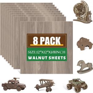 12 Pack Basswood Sheets 1/8x12x12 Inch for Crafts,Unfinished Wood for Laser Cutting & Engraving,Wood Burining,Plywood for Architectural Models.(Walnut 8 p)