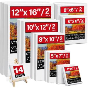 14 Packs Stretched Canvas for Painting, MultiSize 12×16, 10×12, 8×10, 5×7, 8×8, 6×6, 4×4 (2 of Each), Primed Blank Canvas for Oil, Acrylic Paint,for Beginner, Artist.(14Pack Canvas)