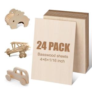24Pack Basswood Sheets 4x6x1/16 Inch, Basswood for Laser Cutting & Engraving, Thin Plywood Wood Sheets Unfinished Wood for Crafts, DIY Architectural Models, Wood Burning and Painting.(Basswood 24 Packs)