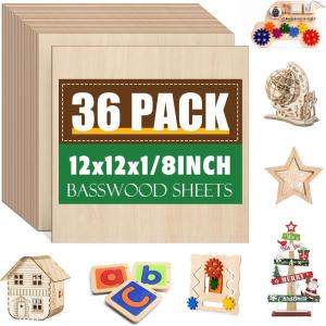 36 Pack 12×12 Basswood Sheets 1/8 Inch, Unfinished Wood for Crafts, Basswood for Laser Cutting & Engraving, Wood Burining, Basswood Plywood Sheets for Architectural Models.(Basswood 36P)