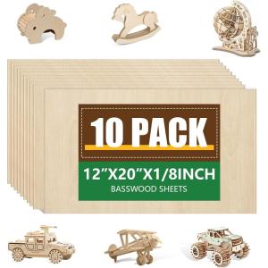 36 Pack 12×12 Basswood Sheets 1/8 Inch, Unfinished Wood for Crafts, Basswood for Laser Cutting & Engraving, Wood Burining, Basswood Plywood Sheets for Architectural Models.(Basswood 10P)