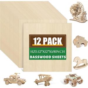 36 Pack 12×12 Basswood Sheets 1/8 Inch, Unfinished Wood for Crafts, Basswood for Laser Cutting & Engraving, Wood Burining, Basswood Plywood Sheets for Architectural Models.(Basswood 12P)