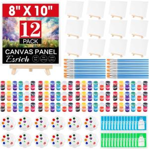 ESRICH 12 Pack 8×10 Canvas Painting Kits for Adults with Easel, Mini Acrylic Paint, Paint Brushes, Palettes, Aprons, Sip and Paint Kits for Adults Couples Friends Date Night Painting Party Supplies