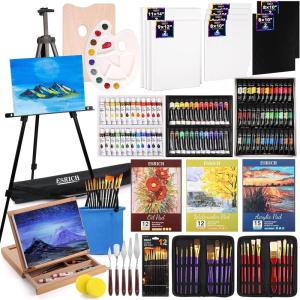 ESRICH 141PCS Deluxe Artist Painting Set, Painting Supplies with 84 Paint(Oil, Watercolor，Acrylic Paint) Metal and Wooden Easels, Canvas, Paper Pads, Paintbrushes etc. for Adults, Kids, Artists(141)