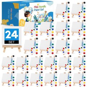ESRICH 18 Set Mini Acrylic Paint Kit, Minis Stretched Canvas with Easel, Acrylic Paint Strips, Palettes, Painting Brushes, Mini Canvas and Easel Set for Kids Artists Beginner, Gifts(24)