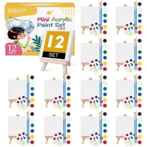 ESRICH 18 Set Mini Acrylic Paint Kit, Minis Stretched Canvas with Easel, Acrylic Paint Strips, Palettes, Painting Brushes, Mini Canvas and Easel Set for Kids Artists Beginner, Gifts(12)