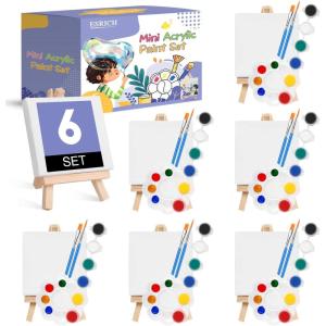 ESRICH 18 Set Mini Acrylic Paint Kit, Minis Stretched Canvas with Easel, Acrylic Paint Strips, Palettes, Painting Brushes, Mini Canvas and Easel Set for Kids Artists Beginner, Gifts(6)