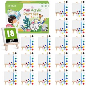 ESRICH 18 Set Mini Acrylic Paint Kit, Minis Stretched Canvas with Easel, Acrylic Paint Strips, Palettes, Painting Brushes, Mini Canvas and Easel Set for Kids Artists Beginner, Gifts(18)