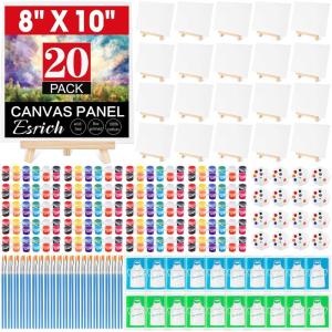 ESRICH 20 Pack Painting Kits for Adults with Easel, 8×10 Canvas, Mini Acrylic Paint, Paint Brushes, Palettes, Aprons, Sip and Paint Kits for Adults Couples Friends Date Night Painting Party Supplies