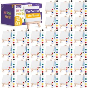 ESRICH 20 Set Mini Canvas Painting Kit, Minis Acrylic Paint Set, Valentines Day Gifts,4*4in Stretched Canvas with Easel, Acrylic Paints,Brushes,Palette,Mini Easel Canvas for Kids Adults Painting Party(30 set 4*4)