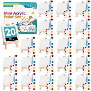ESRICH 20 Set Mini Canvas Painting Kit, Minis Acrylic Paint Set, Valentines Day Gifts,4*4in Stretched Canvas with Easel, Acrylic Paints,Brushes,Palette,Mini Easel Canvas for Kids Adults Painting Party(20 set 4*4)