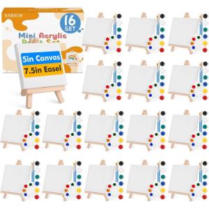 ESRICH 20 Set Mini Canvas Painting Kit, Minis Acrylic Paint Set, Valentines Day Gifts,4*4in Stretched Canvas with Easel, Acrylic Paints,Brushes,Palette,Mini Easel Canvas for Kids Adults Painting Party(16 set 5*5)