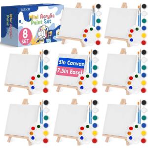 ESRICH 20 Set Mini Canvas Painting Kit, Minis Acrylic Paint Set, Valentines Day Gifts,4*4in Stretched Canvas with Easel, Acrylic Paints,Brushes,Palette,Mini Easel Canvas for Kids Adults Painting Party(8 set 5*5)