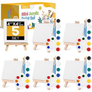 ESRICH 20 Set Mini Canvas Painting Kit, Minis Acrylic Paint Set, Valentines Day Gifts,4*4in Stretched Canvas with Easel, Acrylic Paints,Brushes,Palette,Mini Easel Canvas for Kids Adults Painting Party(5 set 4*4)