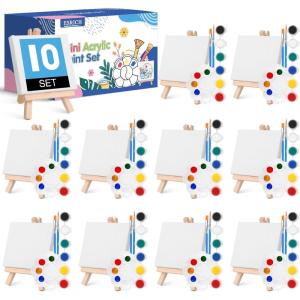 ESRICH 20 Set Mini Canvas Painting Kit, Minis Acrylic Paint Set, Valentines Day Gifts,4*4in Stretched Canvas with Easel, Acrylic Paints,Brushes,Palette,Mini Easel Canvas for Kids Adults Painting Party(10 set 4*4)