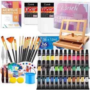 ESRICH 26 PCS Acrylic Paint Set with 12 Colors Acrylic Paints (12ml, 0.4 oz), 10 Paint Brushes, 2 Canvas, 1 Wood Easel, 1 Plate, Painting Supplies Kits for Kids, Adults, Artists and Beginners(36 Color Acrylic Paints)
