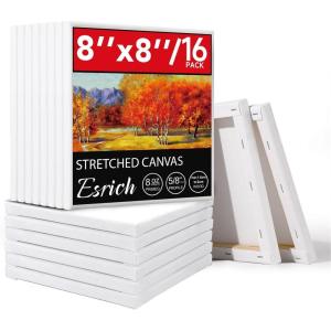 ESRICH 4 Pack Stretched Canvas for Painting with 9×12, 5×7, 4×4, 3×3, Primed Acid-Free Cotton Blank Canvases for Painting, Painting Canvas for Oil & Acrylic Paint.(8x8in-16P)