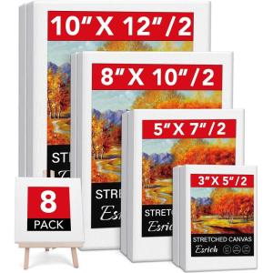 ESRICH 4 Pack Stretched Canvas for Painting with 9×12, 5×7, 4×4, 3×3, Primed Acid-Free Cotton Blank Canvases for Painting, Painting Canvas for Oil & Acrylic Paint.(8PCS-4sizes（2 of Each）)