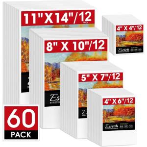 ESRICH 4 Pack Stretched Canvas for Painting with 9×12, 5×7, 4×4, 3×3, Primed Acid-Free Cotton Blank Canvases for Painting, Painting Canvas for Oil & Acrylic Paint.(60PCS-5sizes（12 of Each）)