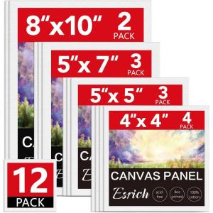 ESRICH 48 Pack Canvas Boards for Painting, 6Pcs of 4×4, 4×6, 5×6, 6×6, 8×10, 10×10, 9×12, 11×14 Canvas for Painting, Cotton Primed Blank Painting Canvas Panels for Oil, Acrylic, Watercolor(12 pack（4×4 5×5 5×7 8×10))